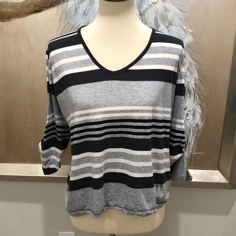 Calvin Klein Performance Gray & Black Striped V-Neck Long Sleeve Top